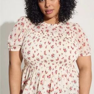 Torrid Rose Floral Chiffon Ruffle Mock Neck Smocked Top - NWT Size 1